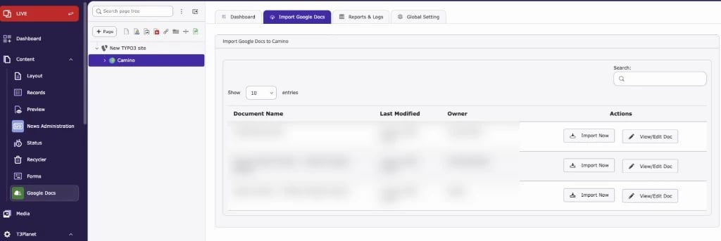 Google Docs module: Import Google Docs tab with the list of available Docs