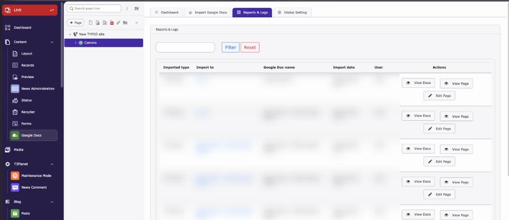 Google Docs module: Reports & Logs tab with page imports and the actions View Docs, View Page and Edit Page