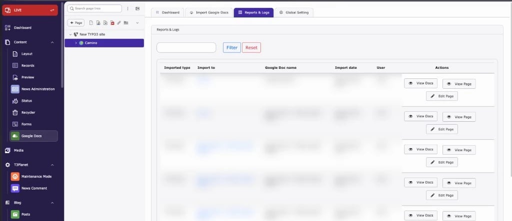 Google Docs module: Reports & Logs tab with page imports and the actions View Docs, View Page and Edit Page