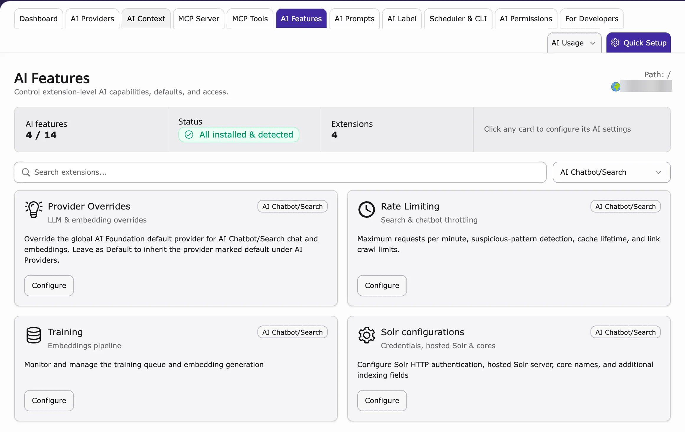 AI Features filtered to the AI Chatbot/Search cards: Provider Overrides, Rate Limiting, Training and Solr configurations