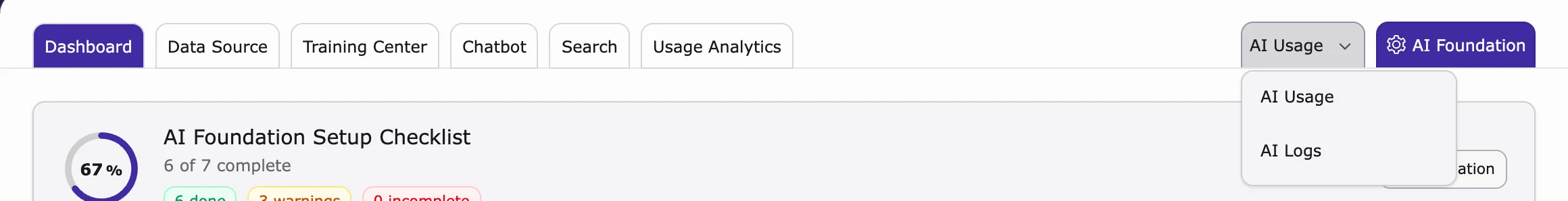 AI Usage menu at the top right of the module with AI Usage and AI Logs