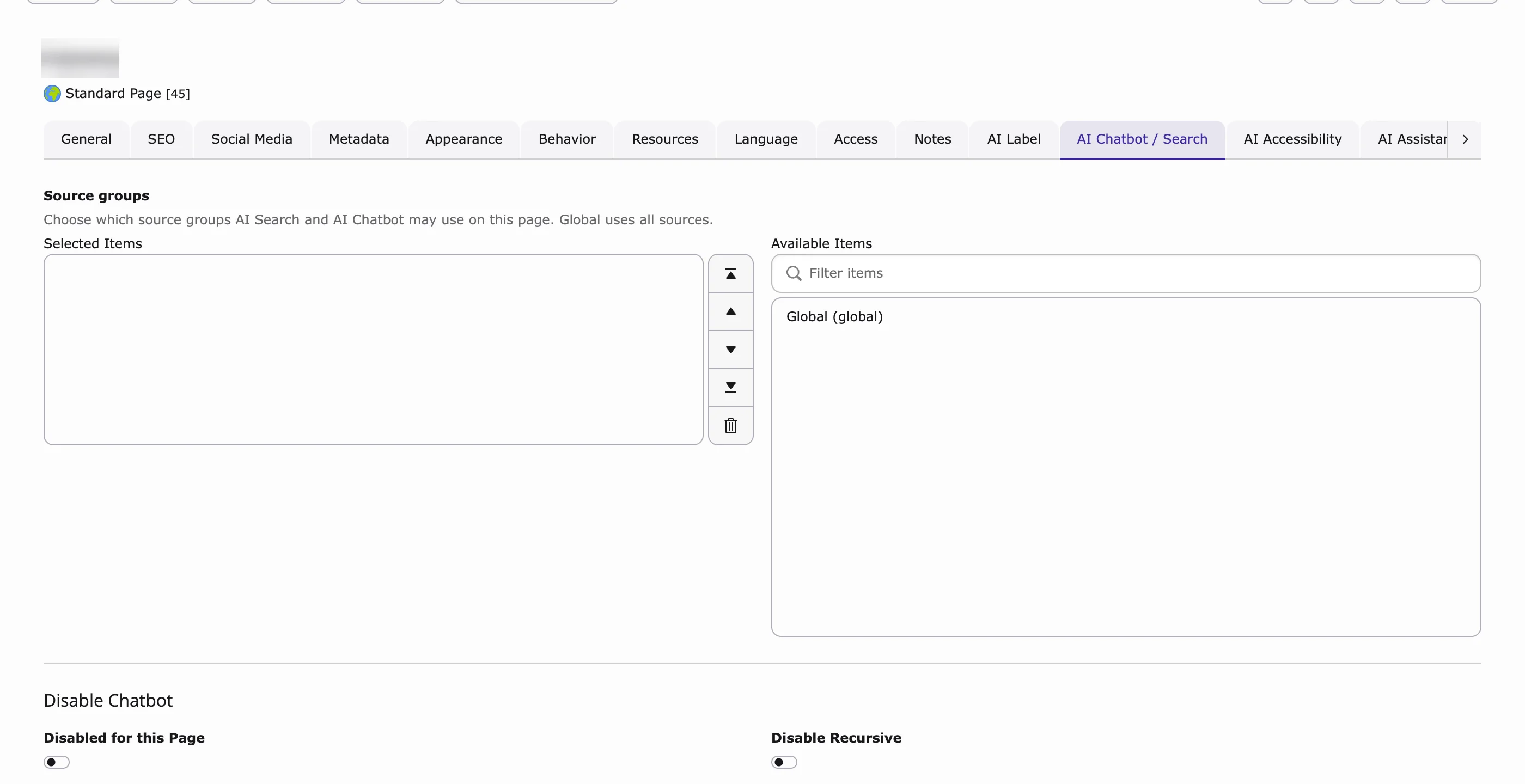Page properties, tab AI Chatbot / Search with the Source groups field