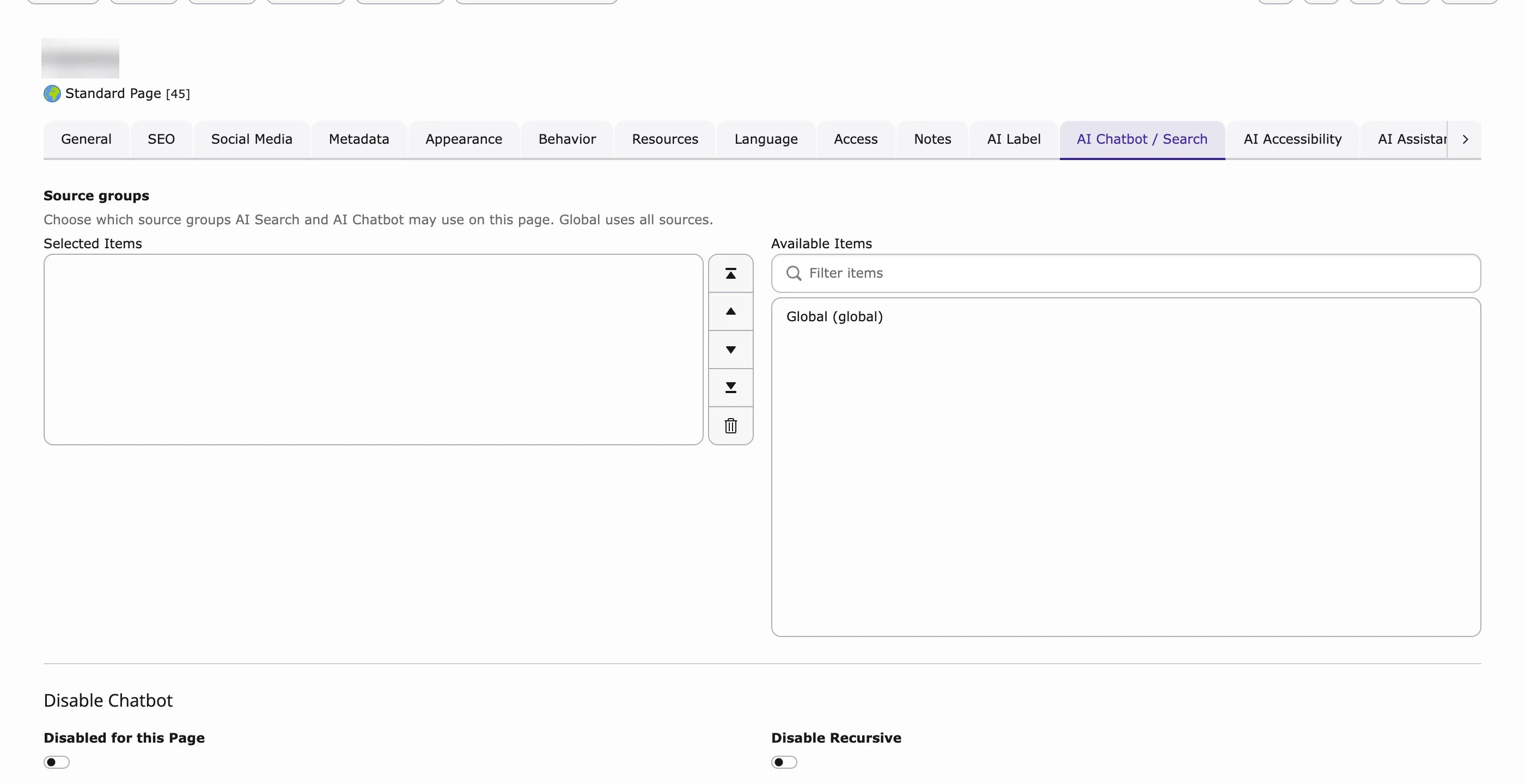 Page properties, tab AI Chatbot / Search with the Source groups field