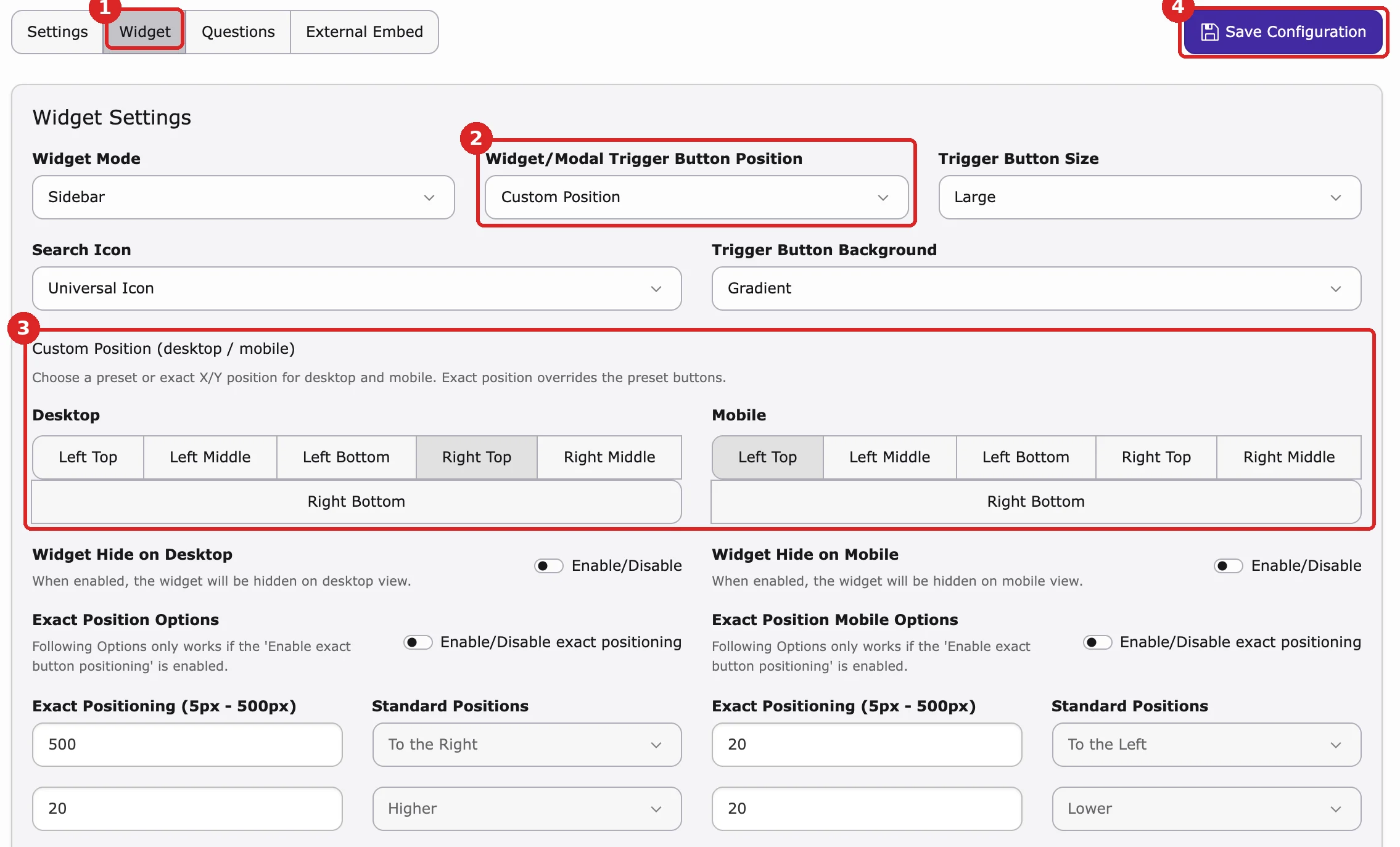 Search tab, Widget: Widget sub-tab (1), Widget/Modal Trigger Button Position (2), Custom Position for desktop and mobile (3) and Save Configuration (4)