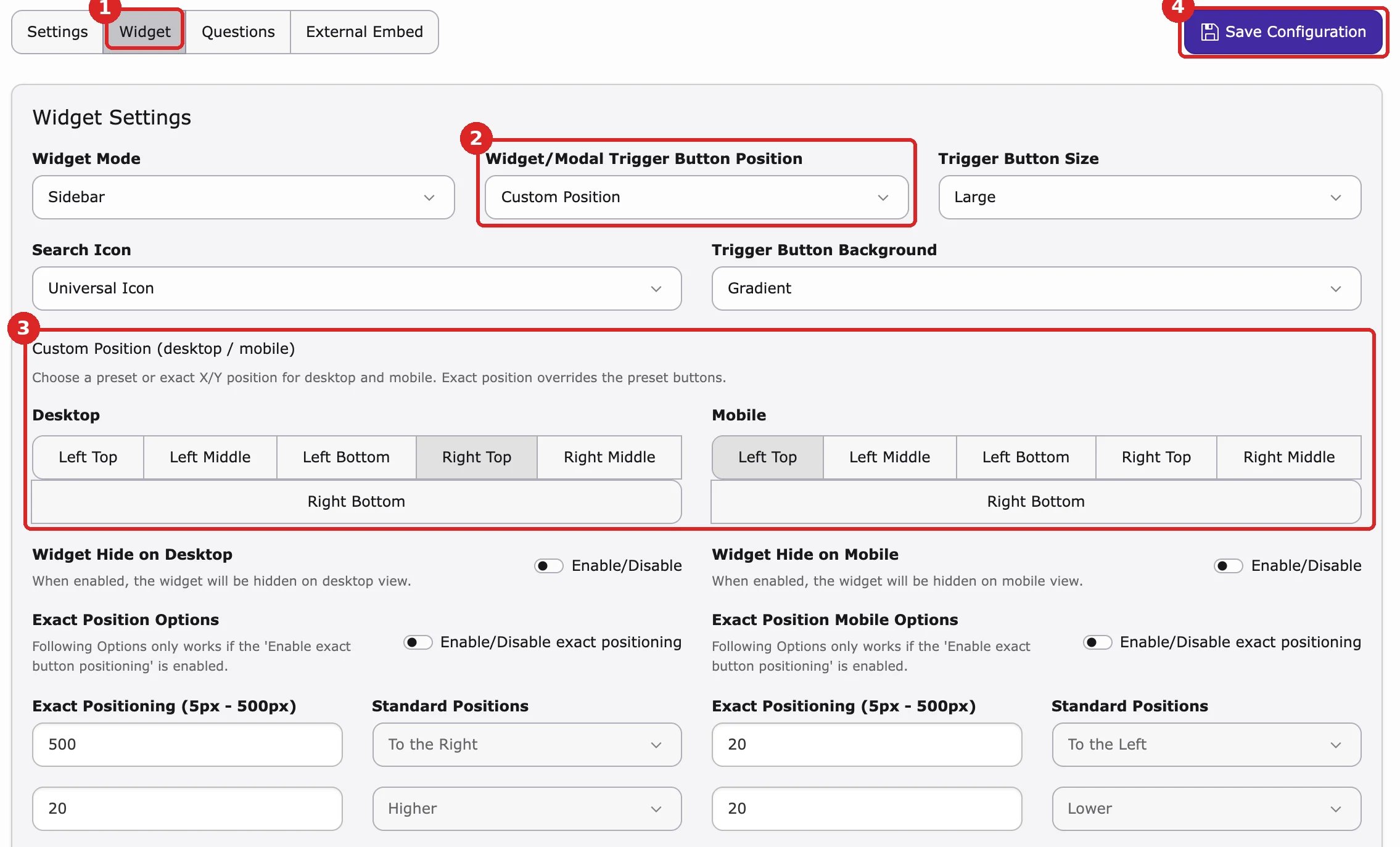 Search tab, Widget: Widget sub-tab (1), Widget/Modal Trigger Button Position (2), Custom Position for desktop and mobile (3) and Save Configuration (4)