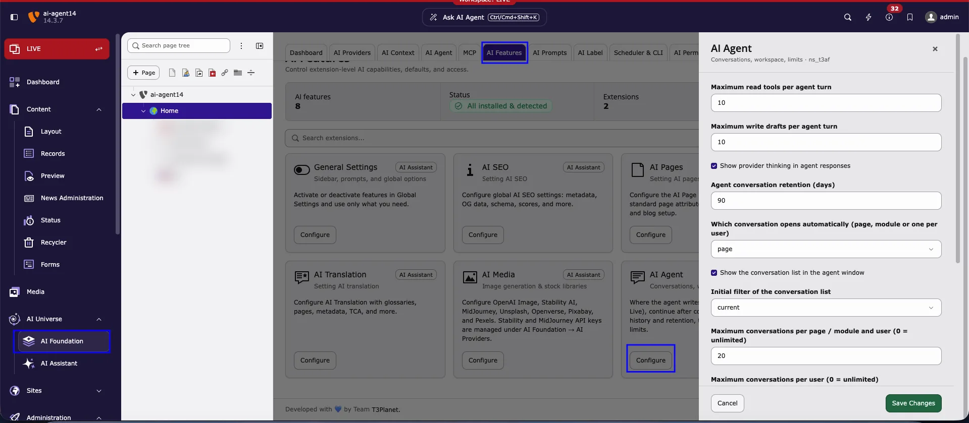 TYPO3 backend with AI Universe > AI Foundation selected, the AI Features tab open, the Configure button of the AI Agent card highlighted, and the AI Agent settings drawer open on the right