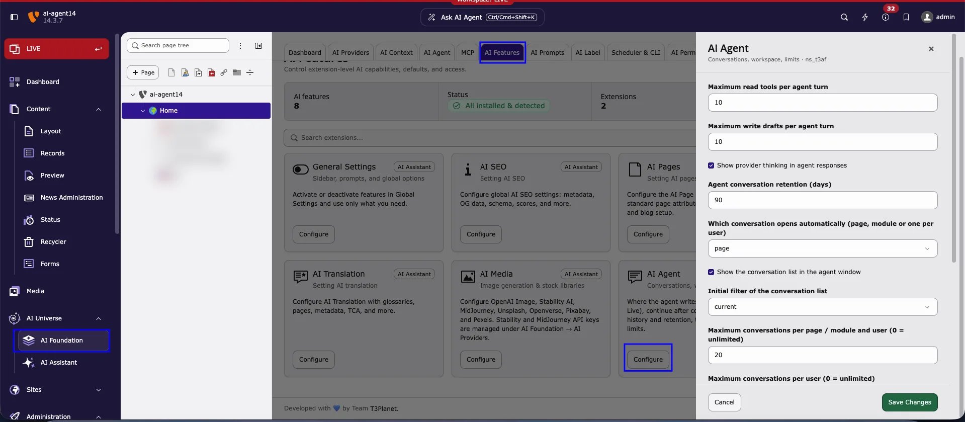 TYPO3 backend with AI Universe > AI Foundation selected, the AI Features tab open, the Configure button of the AI Agent card highlighted, and the AI Agent settings drawer open on the right
