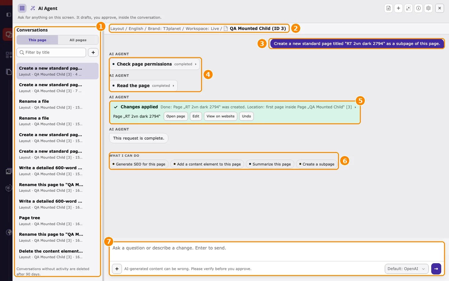 AI agent window with the conversation list, the context line, a request, completed read steps, the Changes applied card with Undo, suggestions, and the message field highlighted