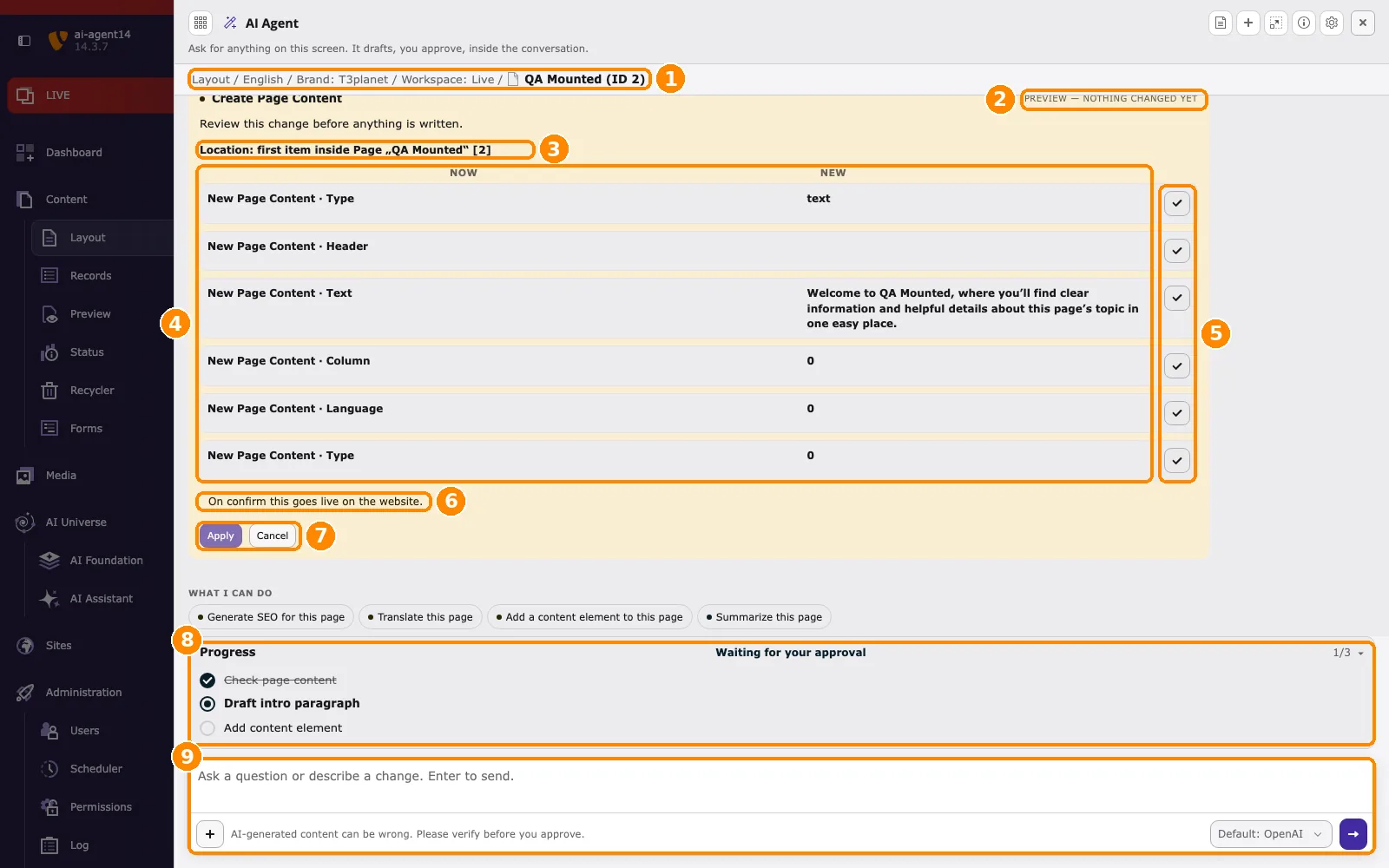 AI agent window with a change card: context line, preview badge, location, Now and New values, check buttons, live hint, Apply and Cancel, the Progress list, and the message field highlighted