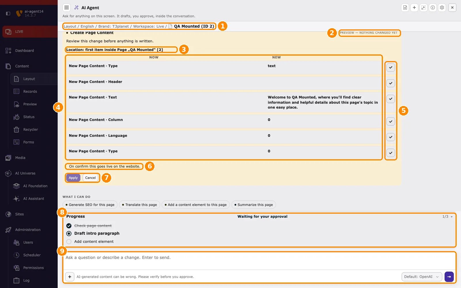 AI agent window with a change card: context line, preview badge, location, Now and New values, check buttons, live hint, Apply and Cancel, the Progress list, and the message field highlighted