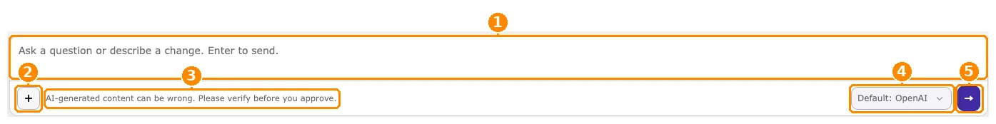 Message field of the AI agent with the text area, the plus button, the hint AI-generated content can be wrong, the AI provider dropdown and the send button, marked 1 to 5