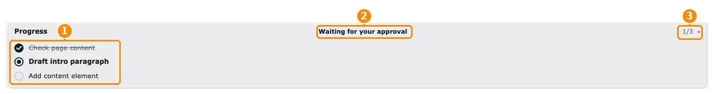 Progress list of the AI agent with three steps, the status Waiting for your approval and the step counter 1/3, marked 1 to 3