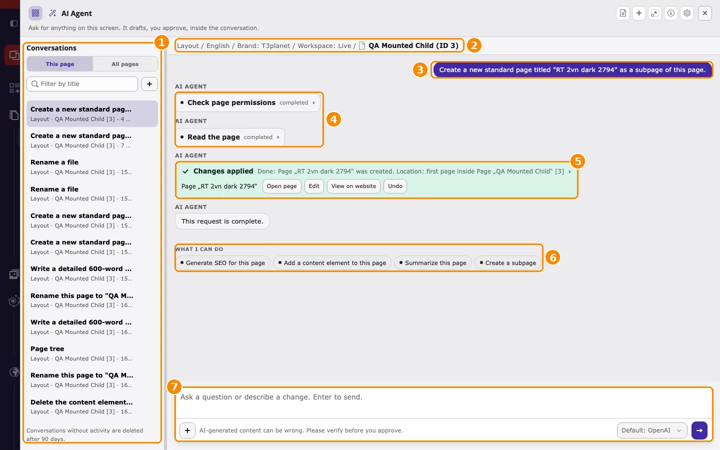 The AI agent window opened on top of the Layout module, with the conversation list, the context line, the request, the steps, the result card, What I can do, and the message field marked 1 to 7