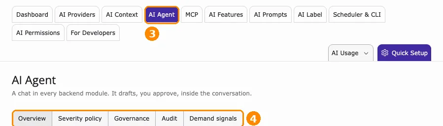 AI Foundation module navigation with the AI Agent tab marked 3 and its five tabs Overview, Severity policy, Governance, Audit and Demand signals marked 4