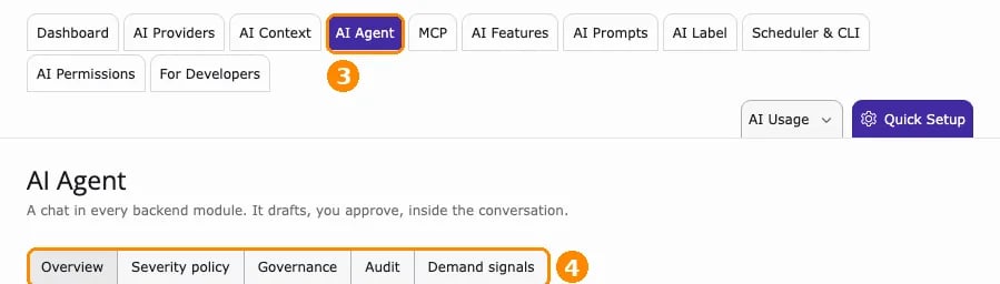 AI Foundation module navigation with the AI Agent tab marked 3 and its five tabs Overview, Severity policy, Governance, Audit and Demand signals marked 4