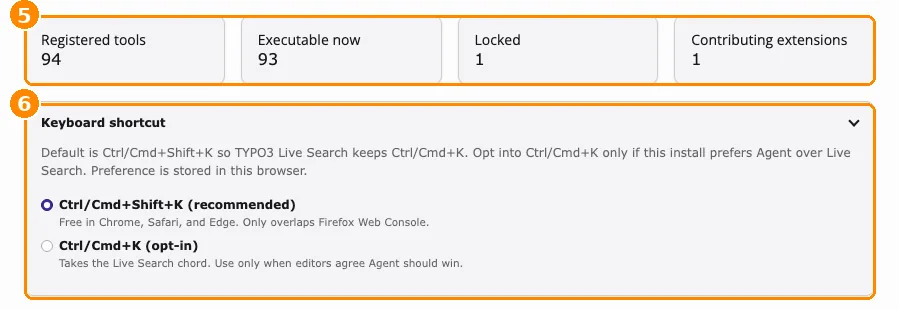 Overview tab with the tool counters marked 5 and the Keyboard shortcut setting marked 6