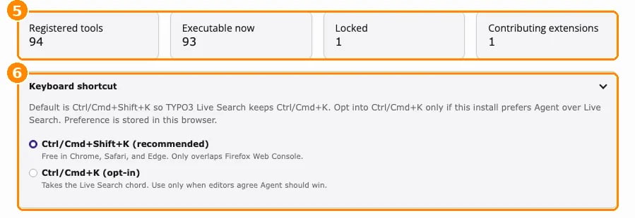 Overview tab with the tool counters marked 5 and the Keyboard shortcut setting marked 6