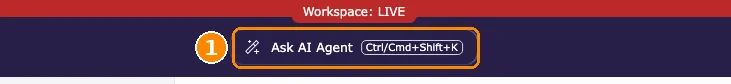 Backend top bar with the Ask AI Agent button and the keyboard shortcut Ctrl/Cmd+Shift+K marked 1