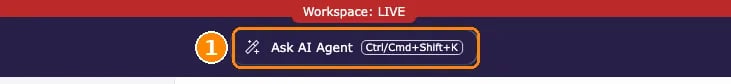 Backend top bar with the Ask AI Agent button and the keyboard shortcut Ctrl/Cmd+Shift+K marked 1