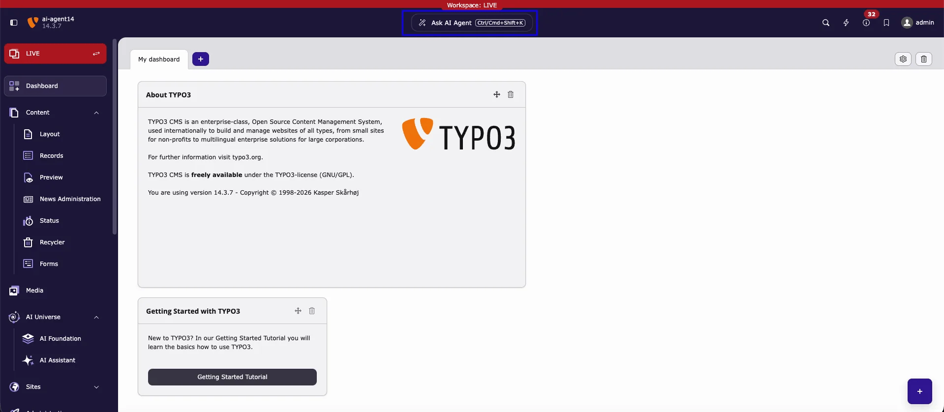 TYPO3 backend with the Ask AI Agent button and its keyboard shortcut Ctrl/Cmd+Shift+K highlighted in the center of the top bar