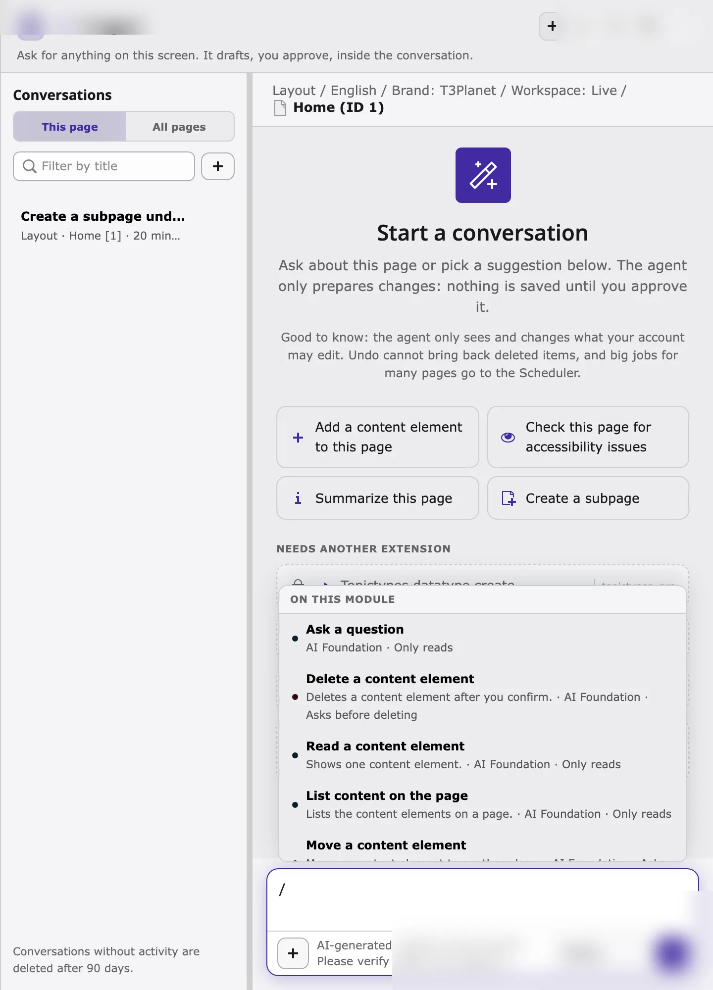 The / picker in the AI agent lists tools by their name in the agent
