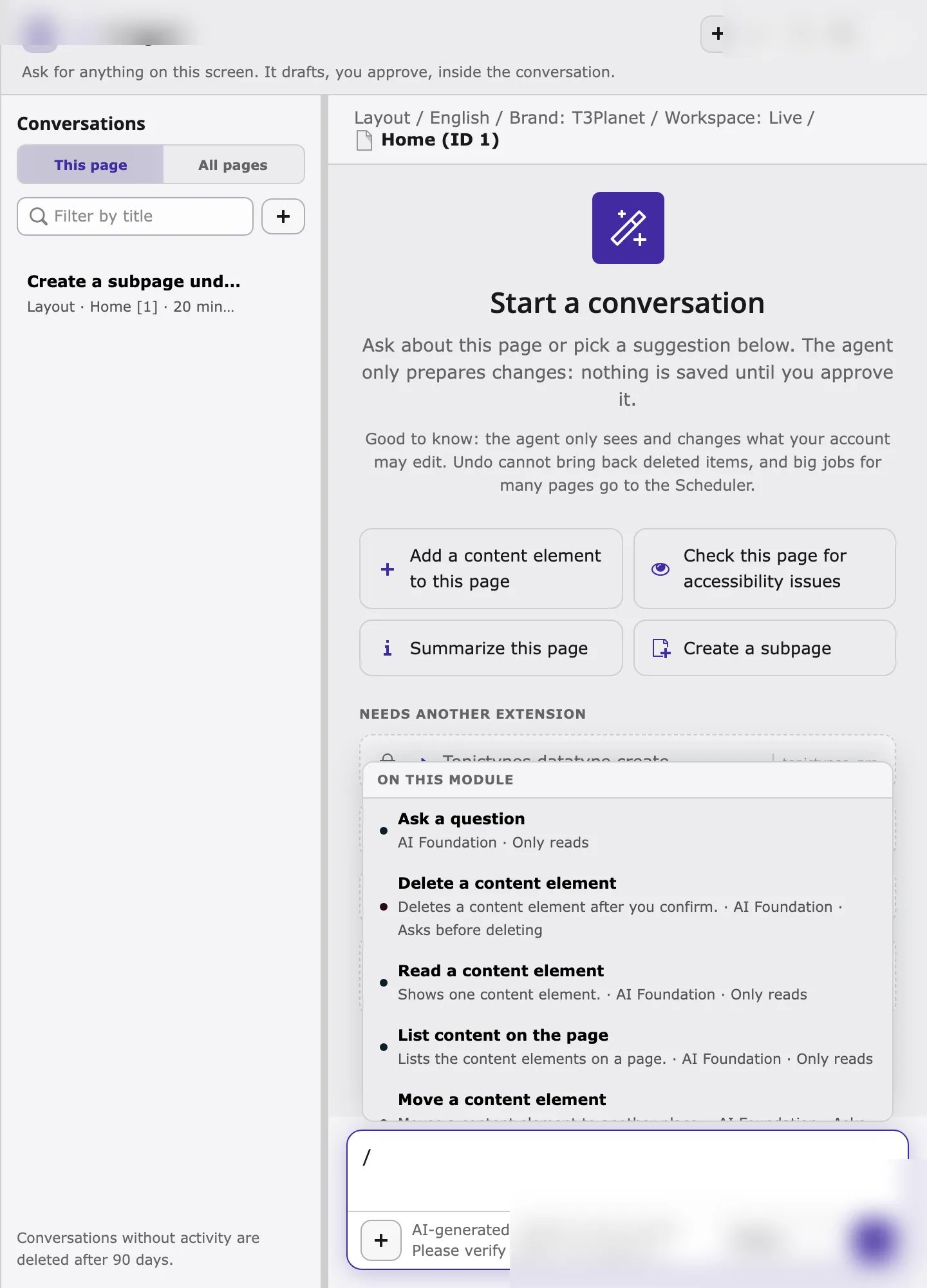 The / picker in the AI agent lists tools by their name in the agent