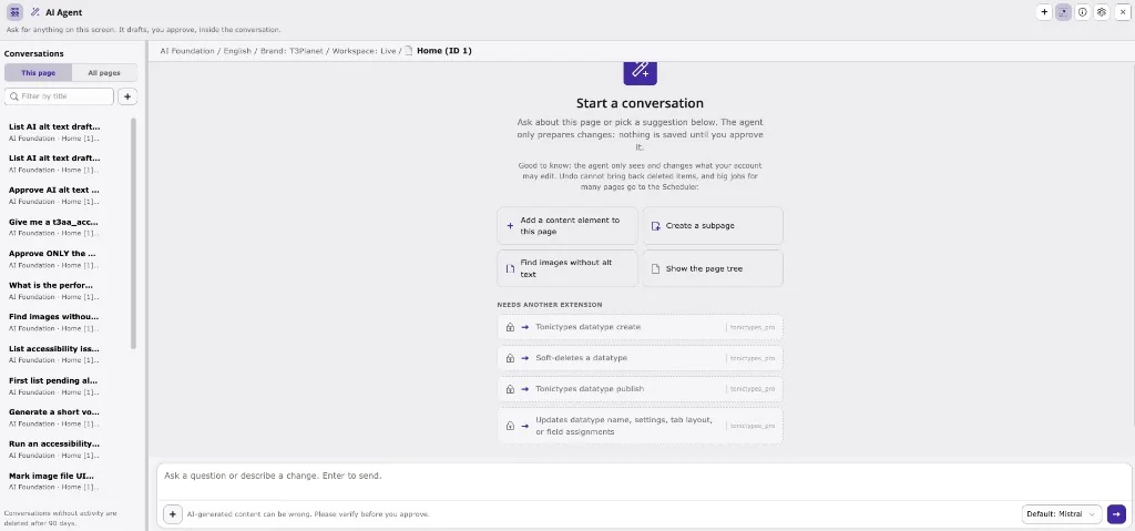 Empty AI agent window on Non-Composer TYPO3 v14 — Start a conversation