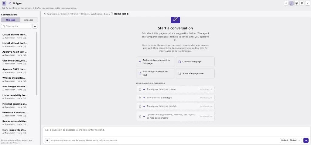 Empty AI agent window on Non-Composer TYPO3 v14 — Start a conversation