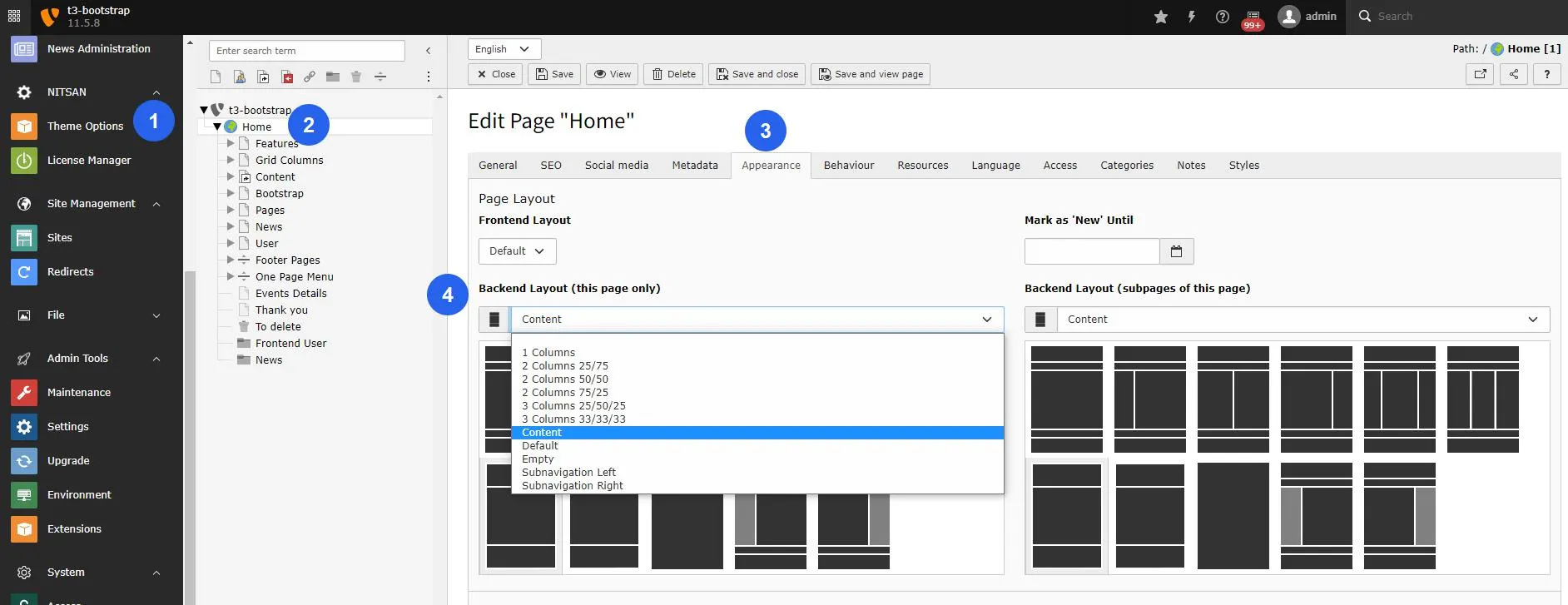 Set Frontend & backend Layouts