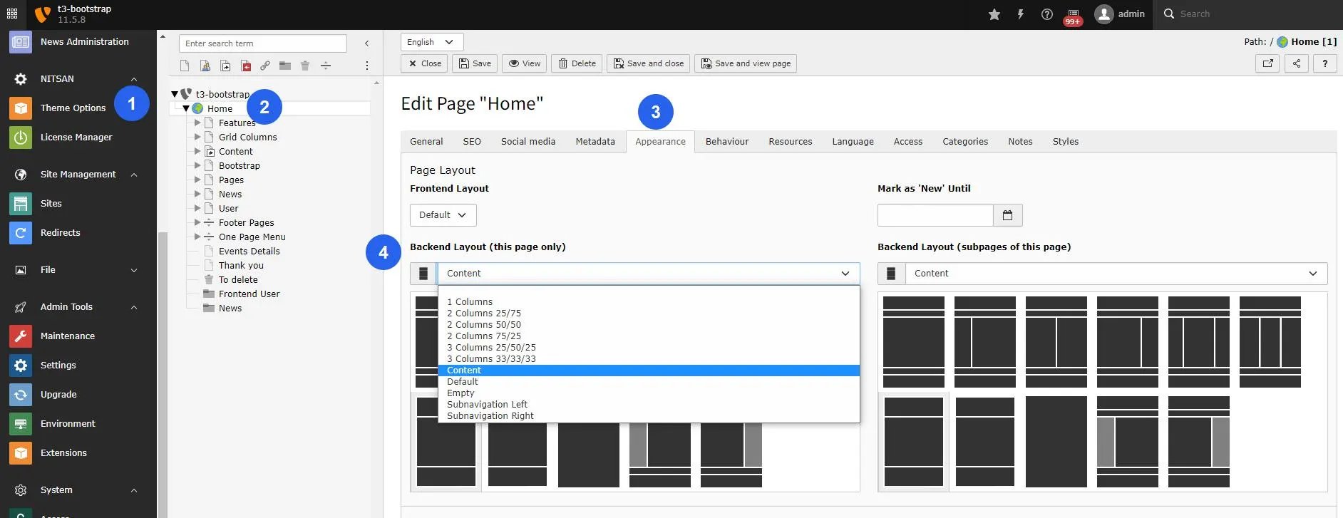 Set Frontend & backend Layouts