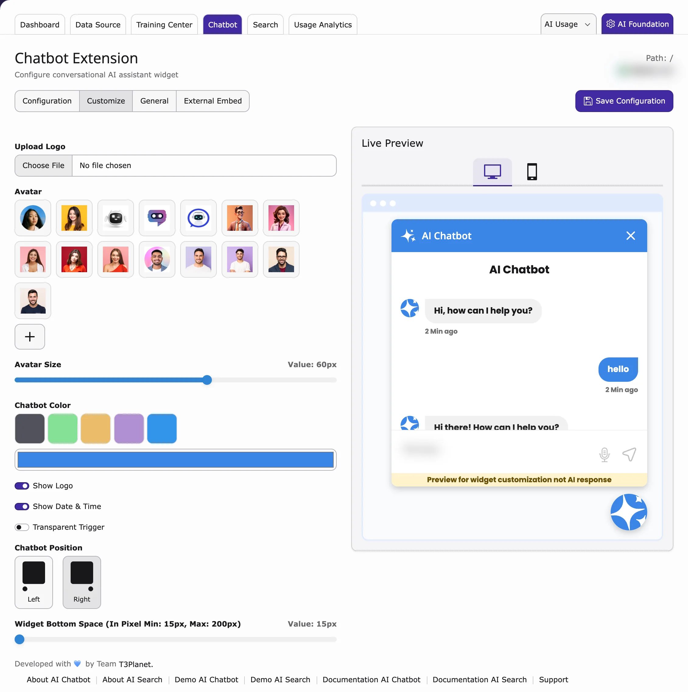 Chatbot tab, Customize sub-tab with logo, avatar, colour and position