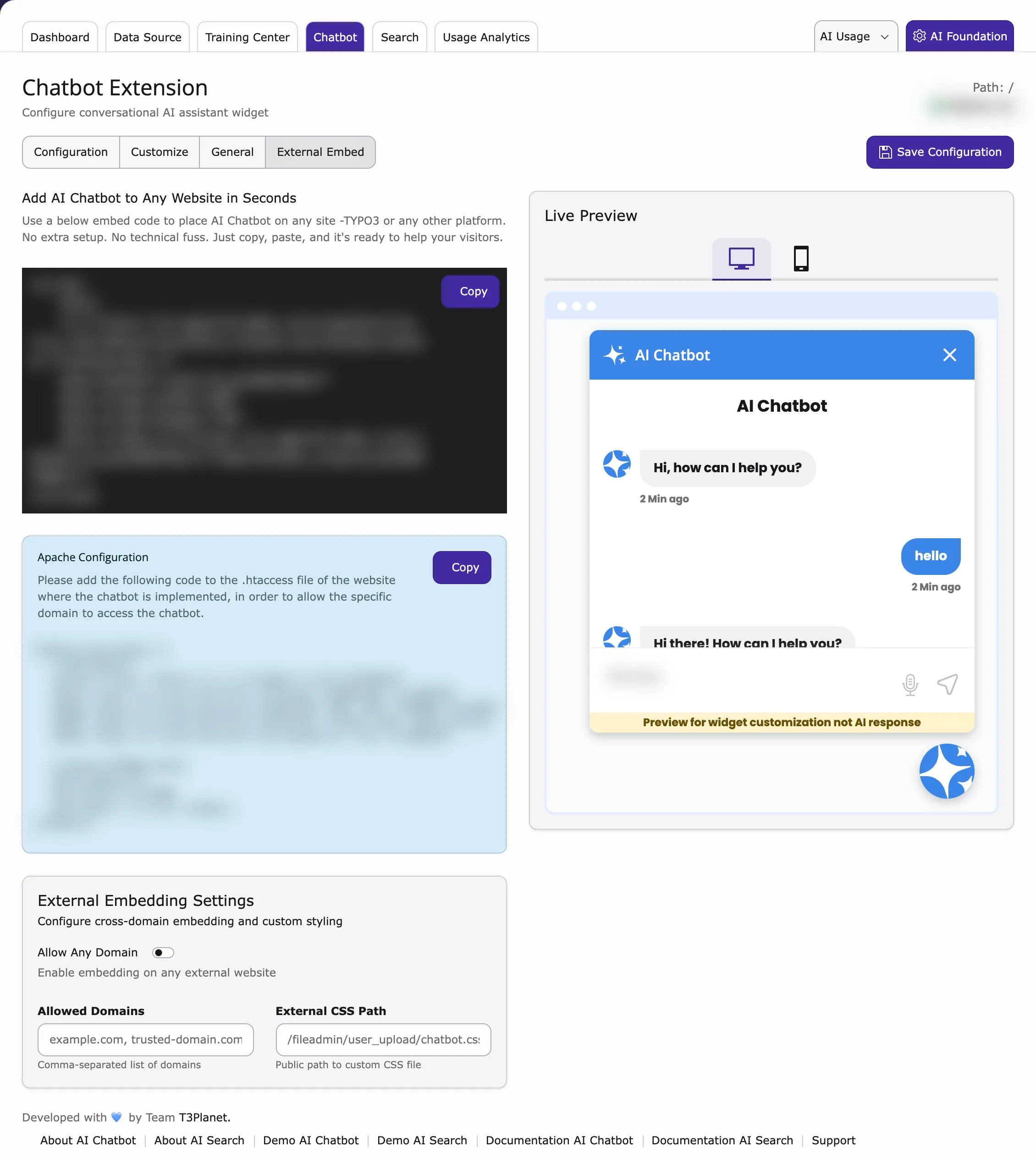 Chatbot External Embed tab with the embed code, External Embedding Settings and Apache Configuration