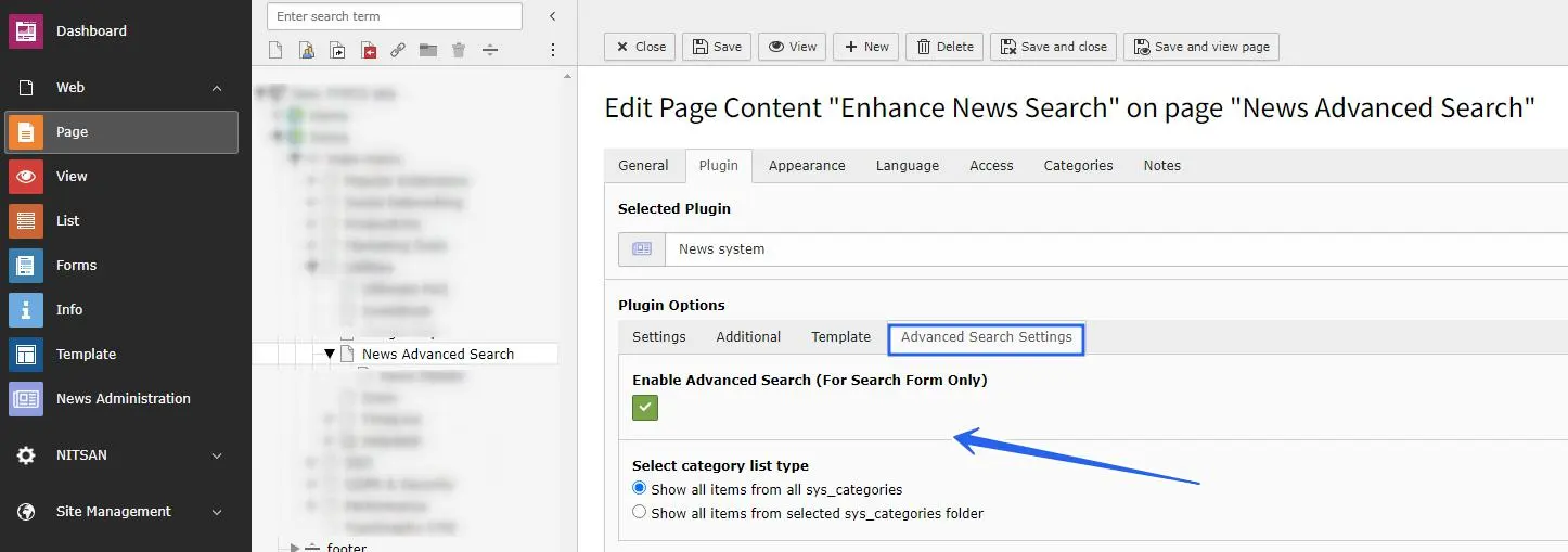 Advance search settings in News System Plugin