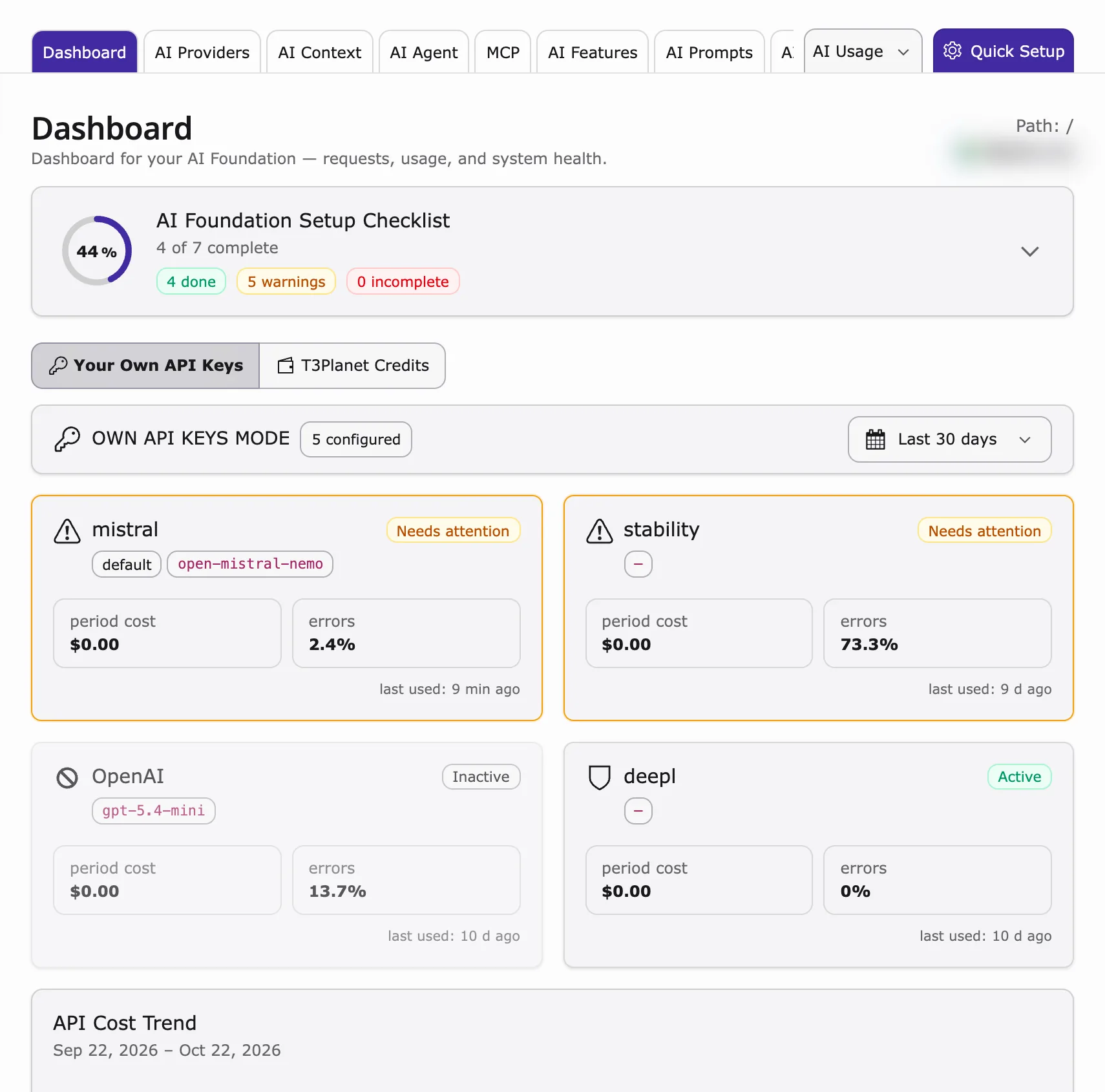 AI Foundation Dashboard with setup checklist, provider cards and API cost trend