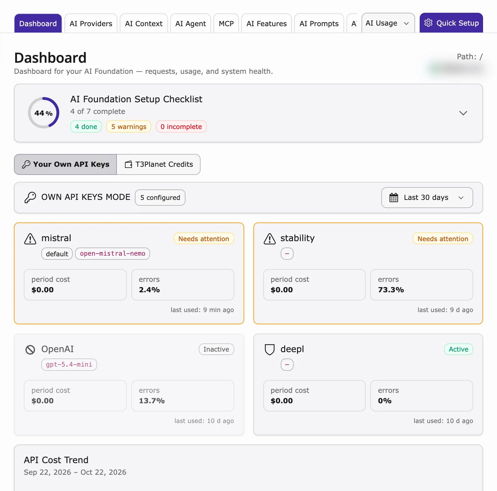 AI Foundation Dashboard with setup checklist, provider cards and API cost trend