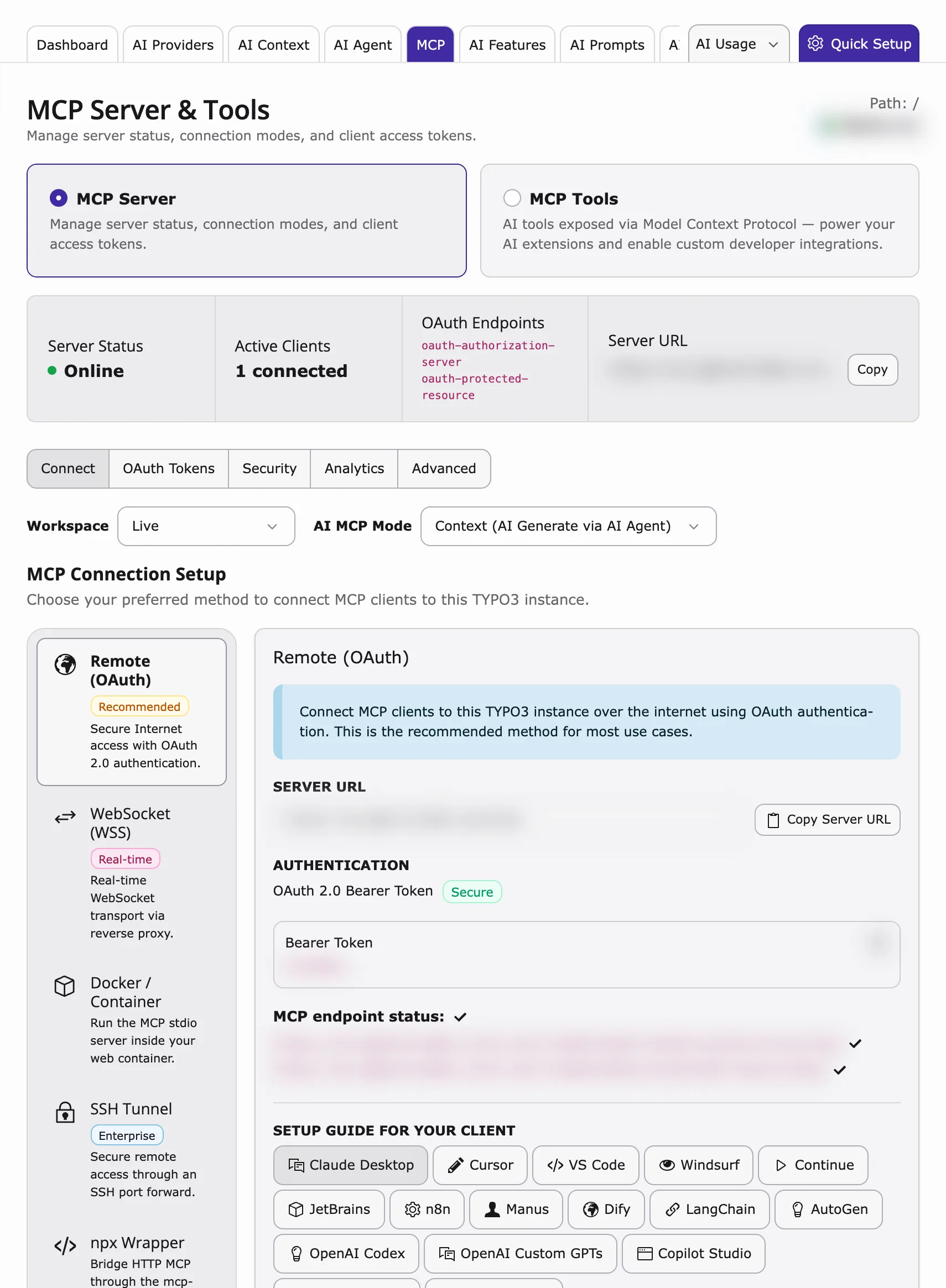 MCP Server status bar, connection methods and Remote (OAuth) setup
