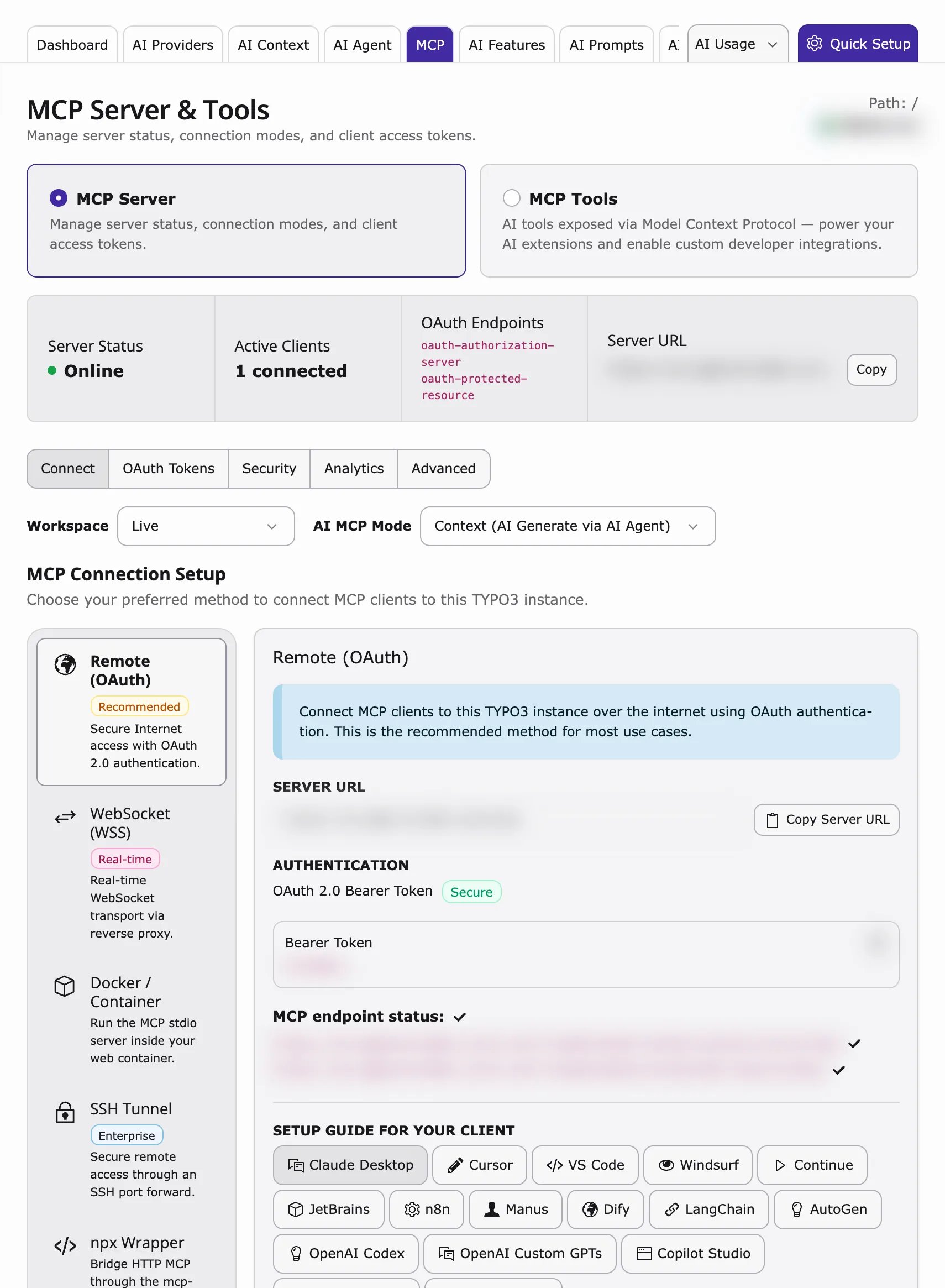 MCP Server status bar, connection methods and Remote (OAuth) setup