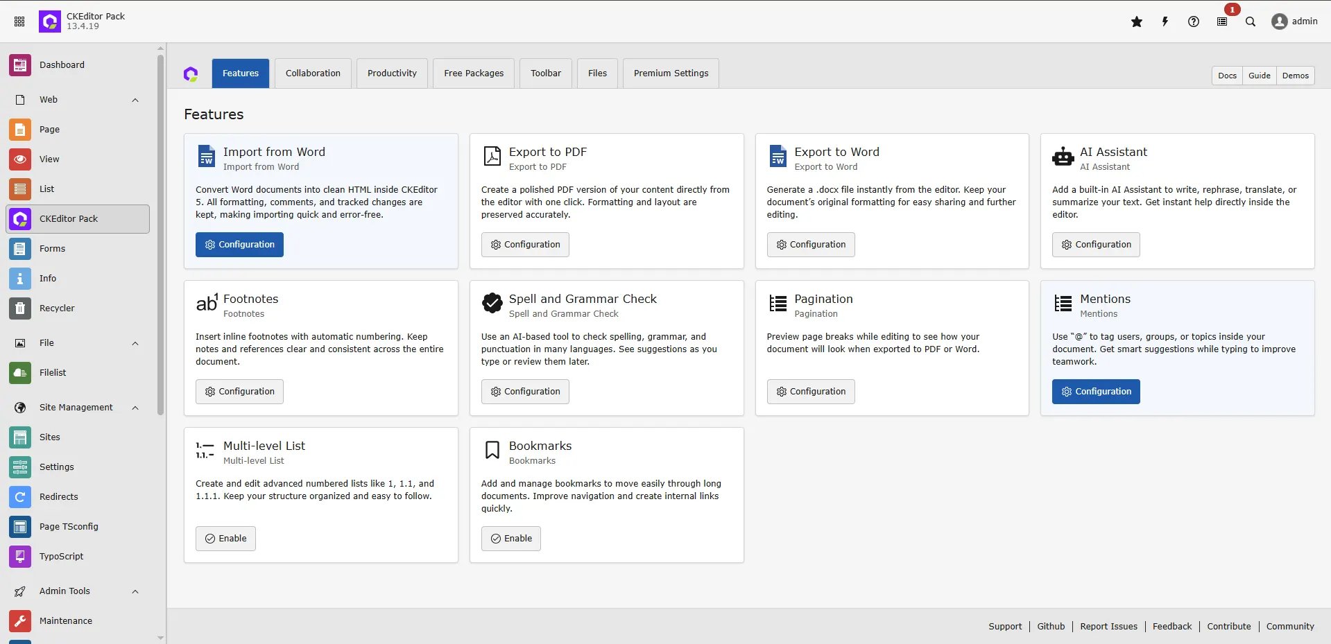 CKEditor Pack Dashboard