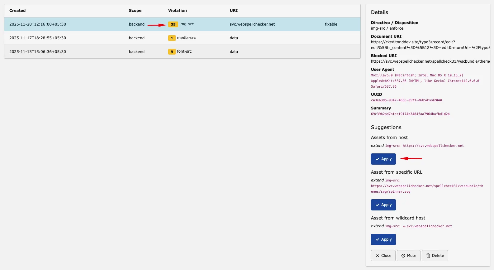 Spell and Grammar Check Image Source CSP Violation