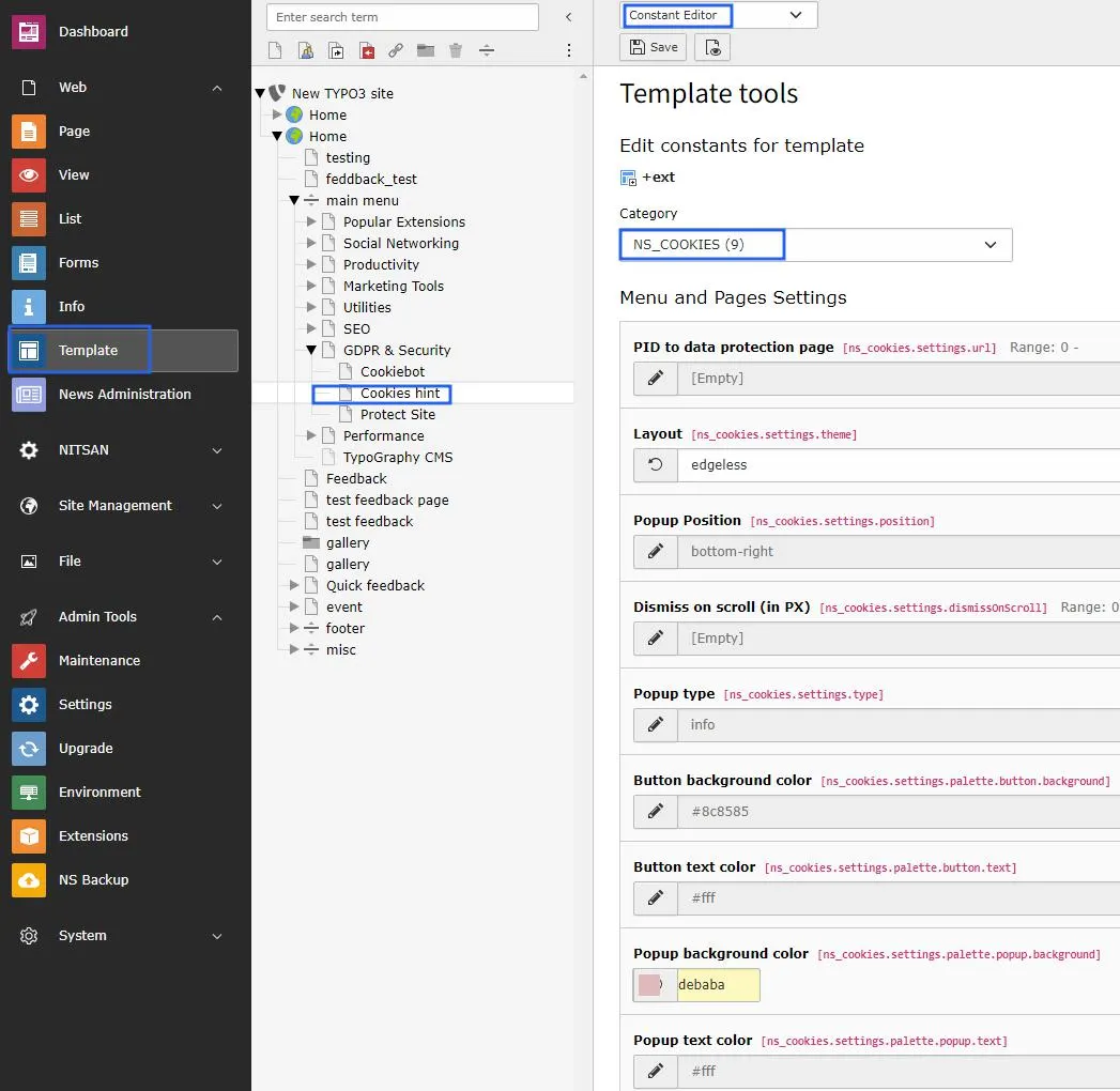 Settings of Cookies Hint plugin configurations