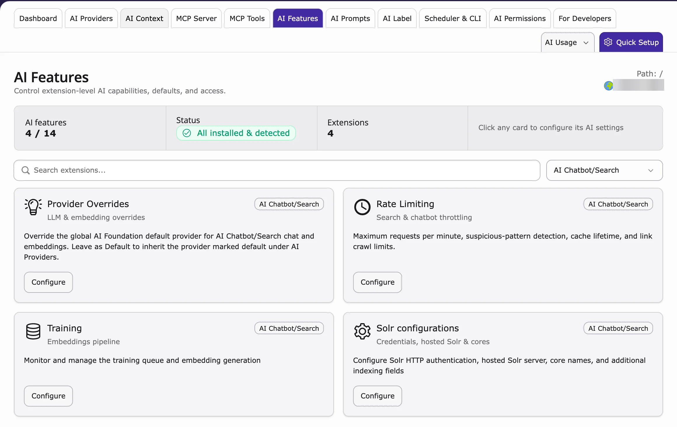 AI Features filtered to the AI Chatbot/Search cards: Provider Overrides, Rate Limiting, Training and Solr configurations