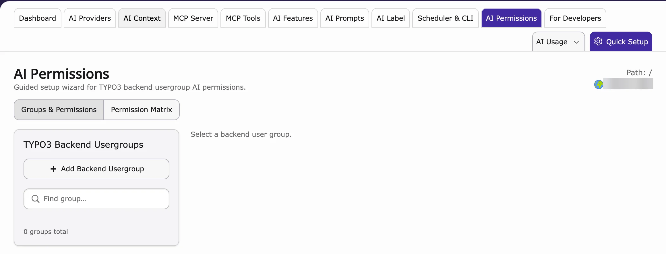 AI Permissions with the tabs Groups & Permissions and Permission Matrix