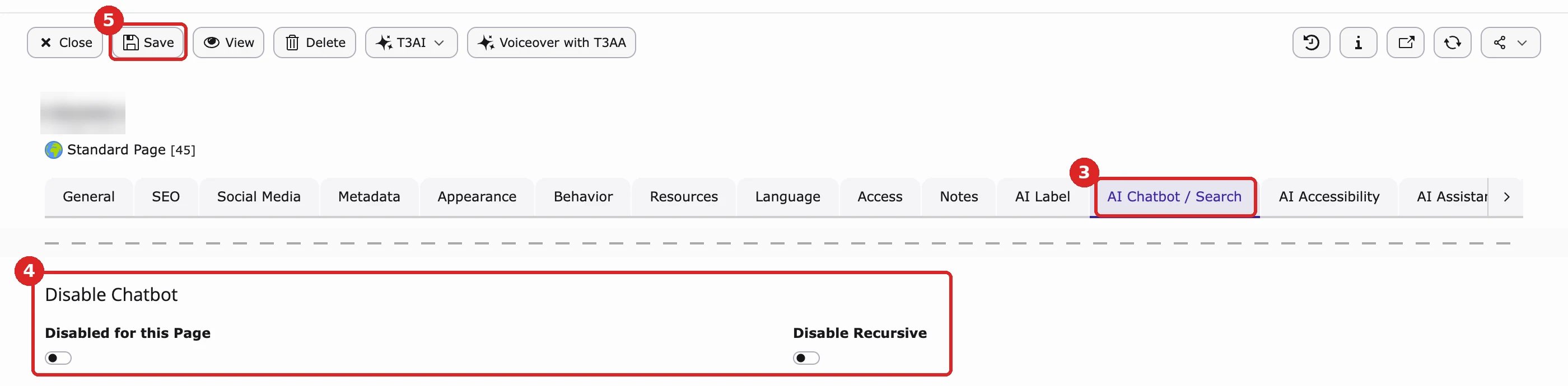 Page properties: the tab AI Chatbot / Search (3), the Disable Chatbot switches (4) and the Save button (5)