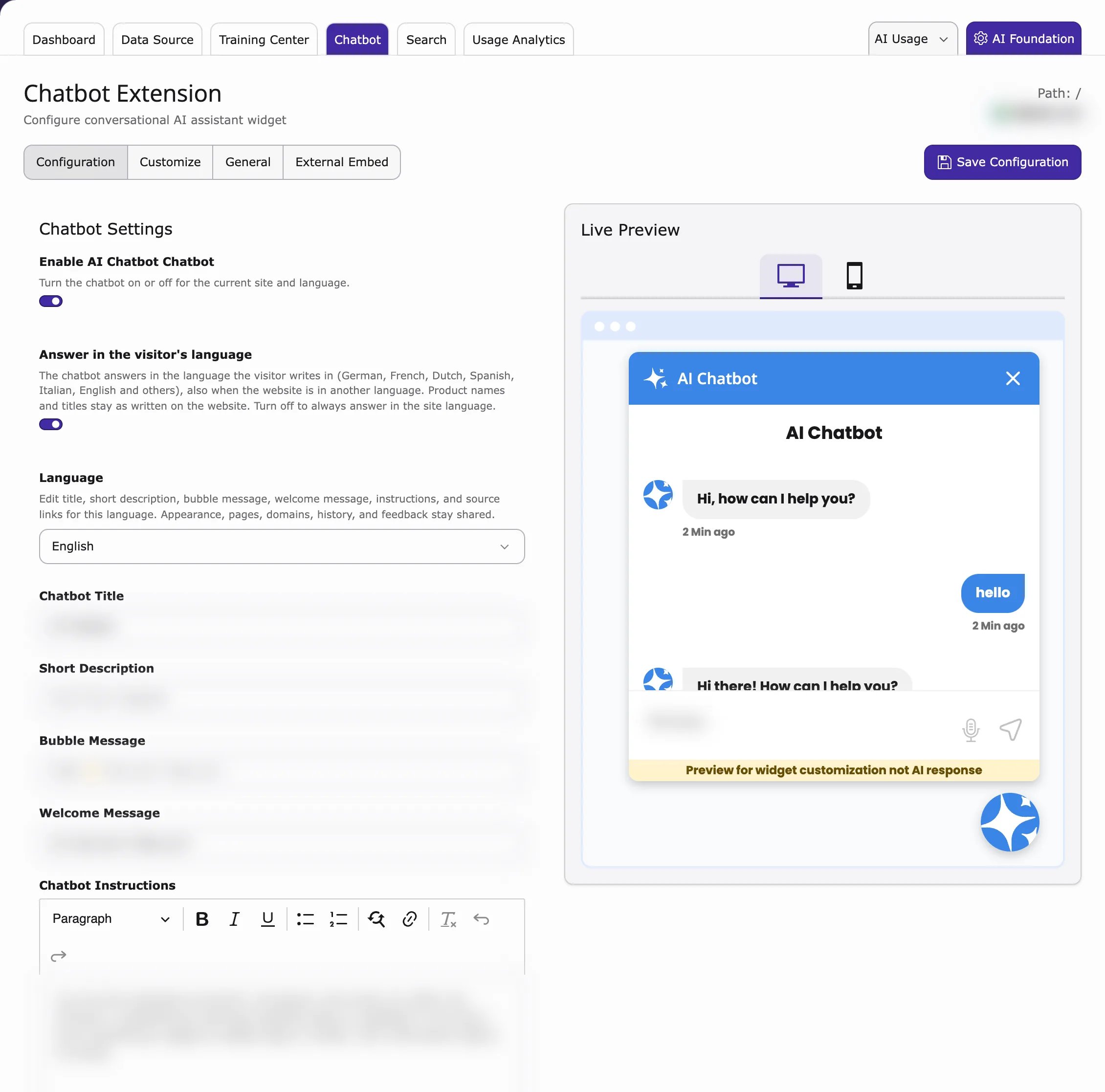 Chatbot tab, Configuration sub-tab with the chatbot settings and Live Preview