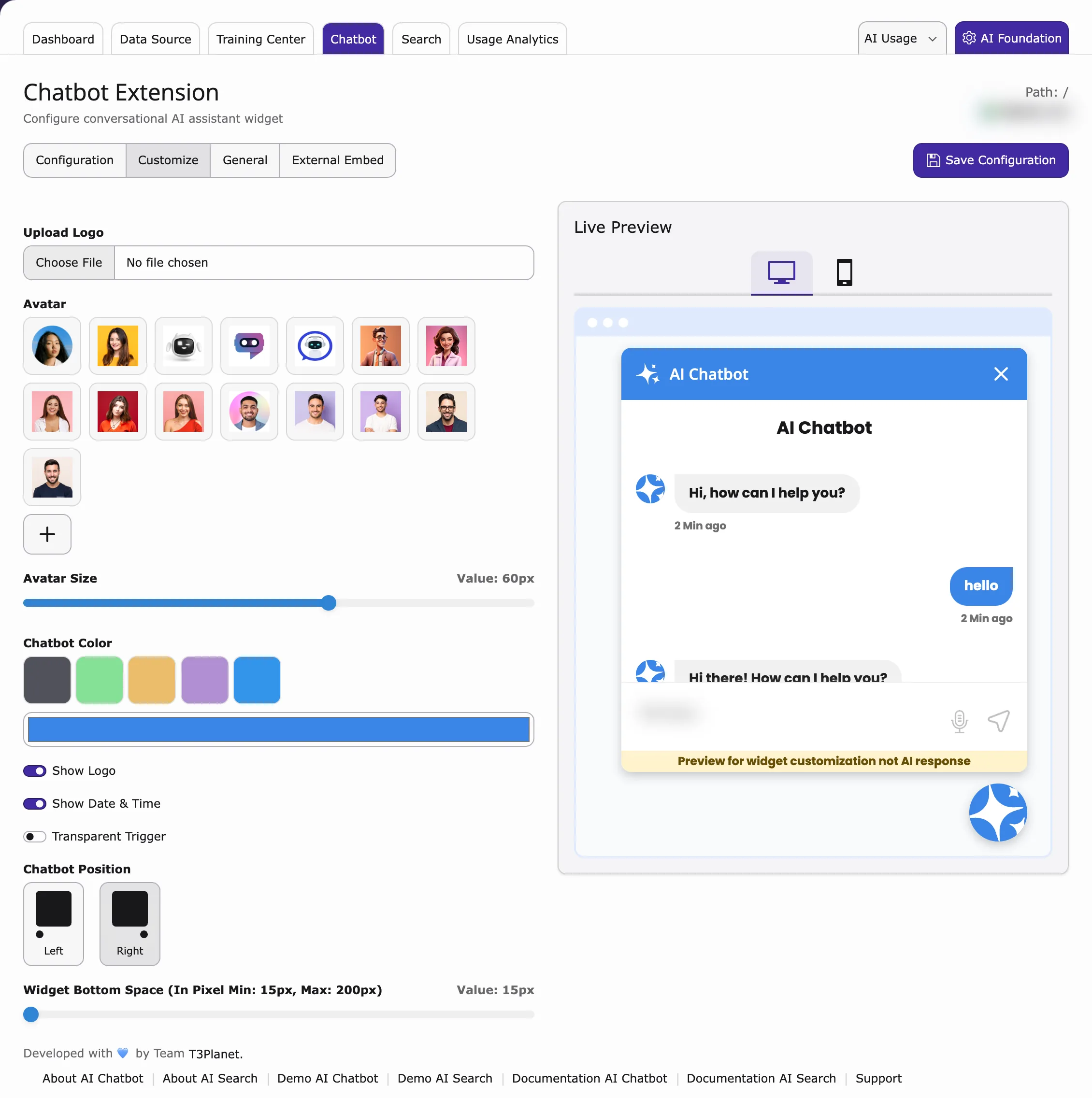 Chatbot tab, Customize sub-tab with logo, avatar, colour and position