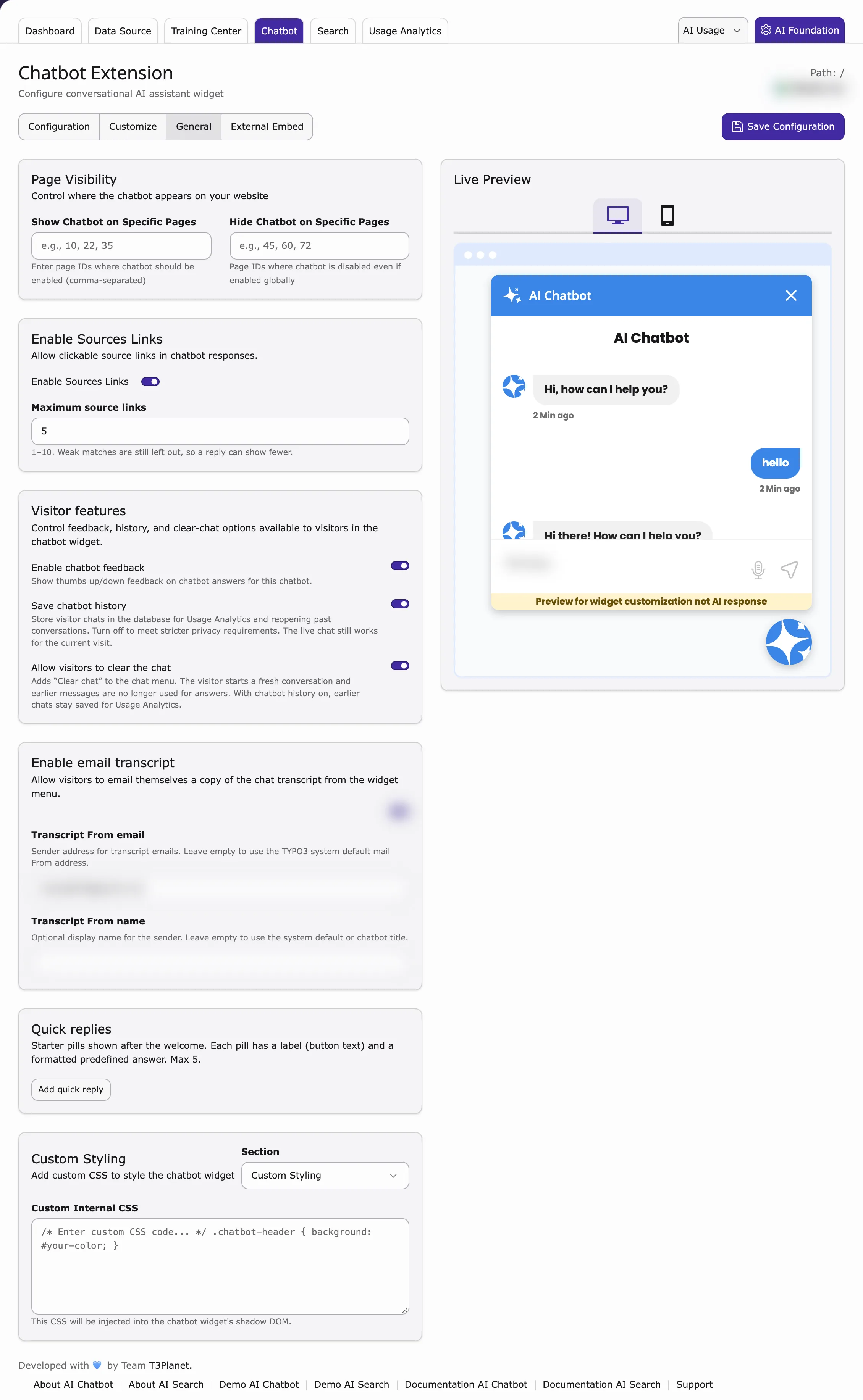 Chatbot tab, General sub-tab with Page Visibility, Sources Links, Quick replies and Custom Styling