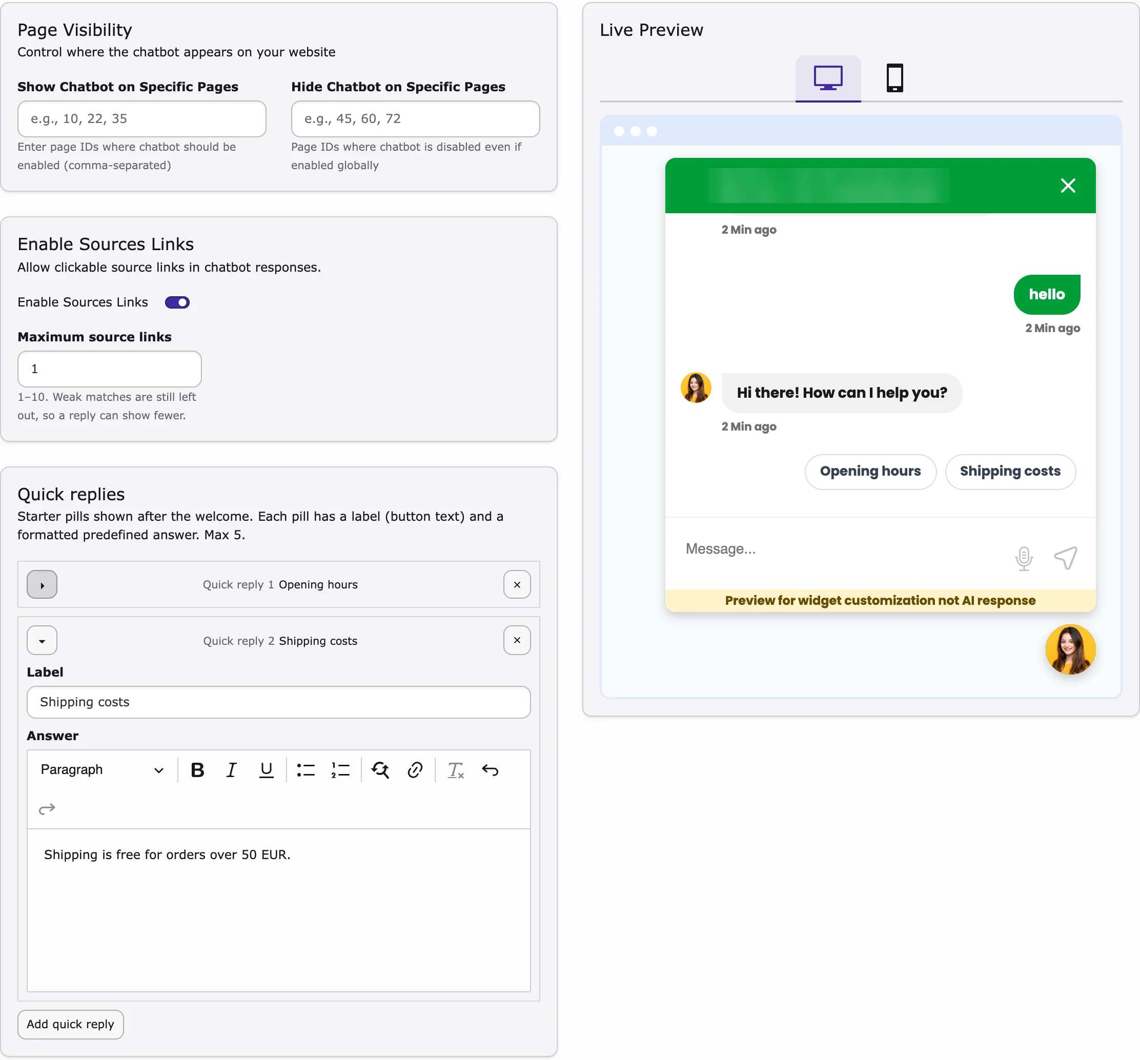 Chatbot tab, General sub-tab: the Quick replies box with two quick replies, and the buttons in the Live Preview
