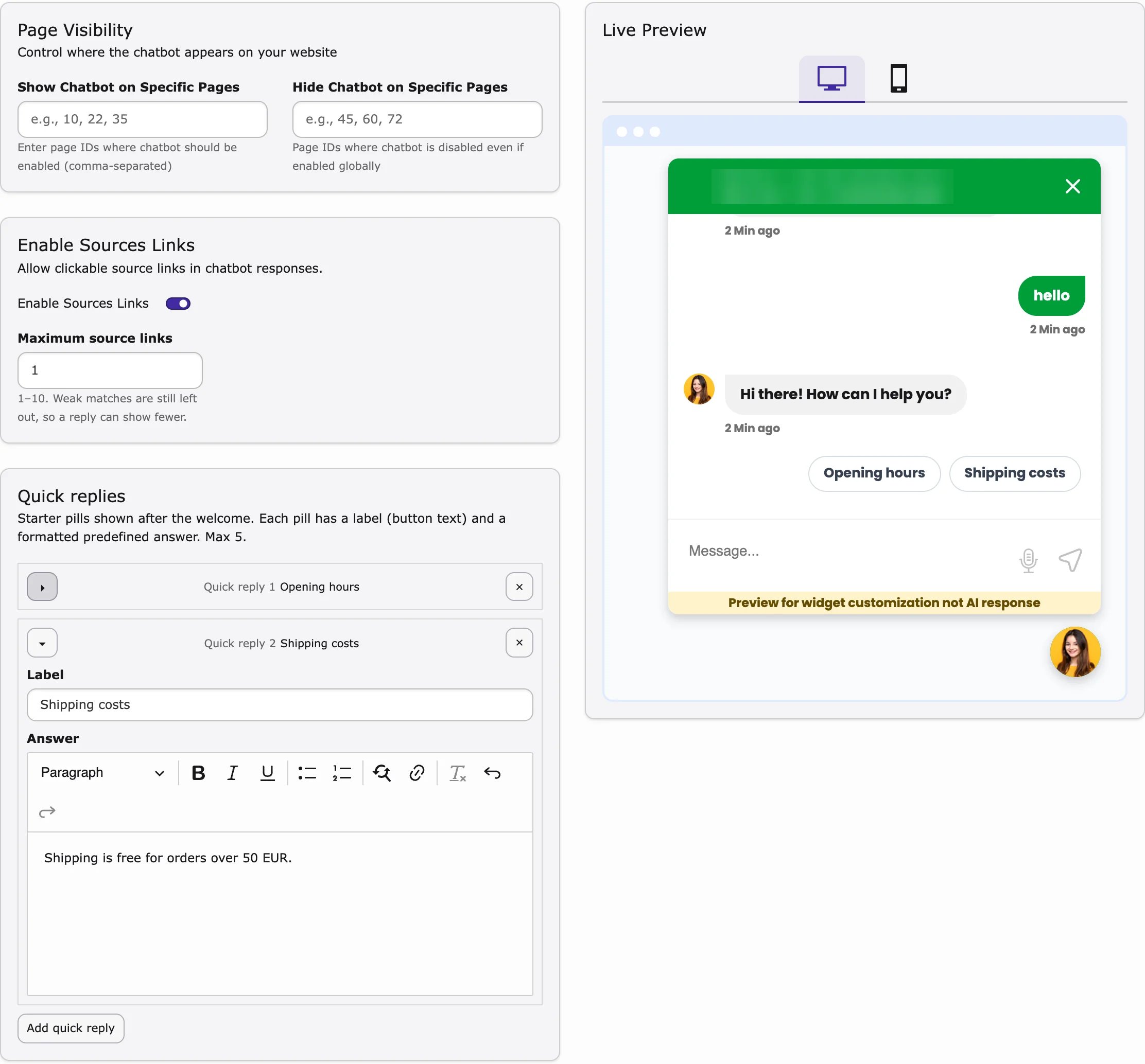 Chatbot tab, General sub-tab: the Quick replies box with two quick replies, and the buttons in the Live Preview