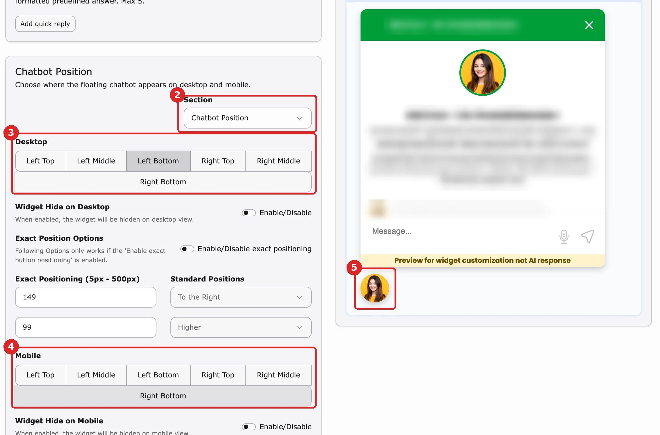 Chatbot tab, General: Section list (2), Desktop (3) and Mobile (4) positions; the Live Preview shows the chat button at the bottom left (5)