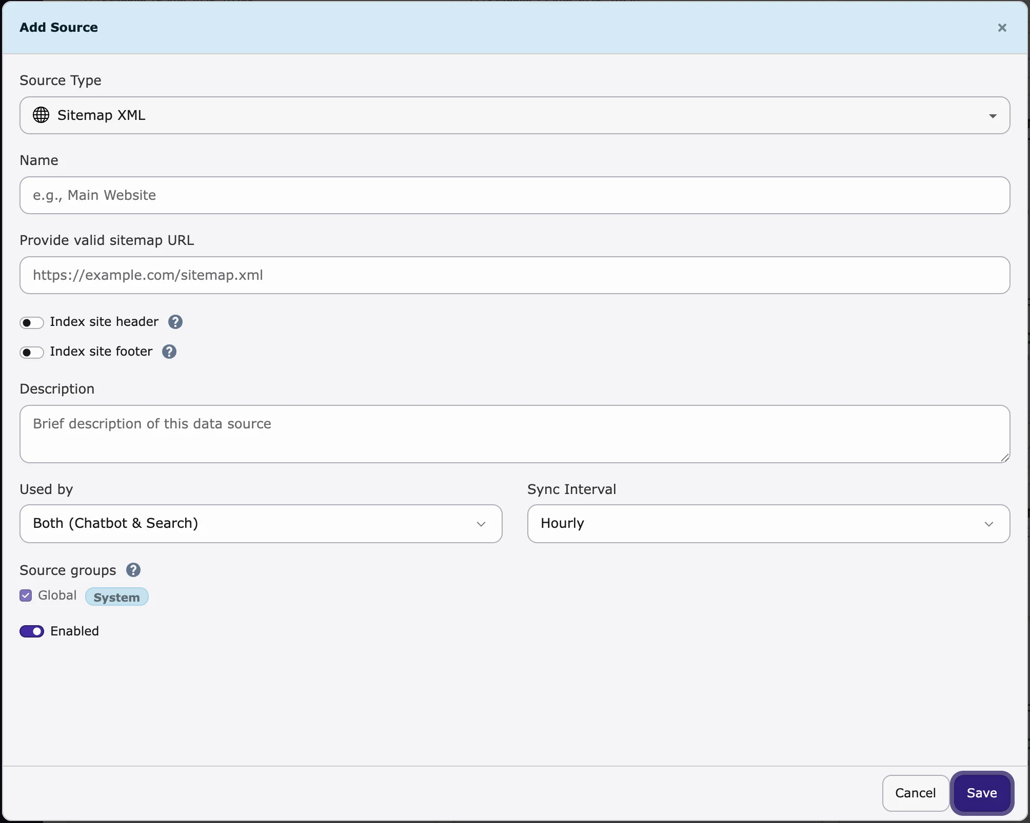 Add Source dialog for Sitemap XML with Index site header and Index site footer